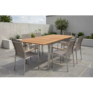 STERN Cardiff Garten-Essgruppe, silber/taupe, Edelstahl/Teak, Tisch 150/200 x 90 cm, 6 Stapelsessel