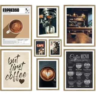 ARTFAVES® Poster Set - COFFEE LOVE - mehrteilige Wanddeko Wohnzimmer & Küche & Esszimmer - 8 moderne Wandbilder Kaffee Deko, Espresso, Coffee time - mit Rahmen Eiche-Optik
