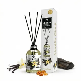 NEDENS Duftstäbchen Mikado 110 ml – Raumduft mit 4 Bambusstäbchen, langanhaltender Duft, dekorative Glasflasche, Intensität regulierbar, ideal für Wohnzimmer, Bad, Flur & Büro (Vanille schwarz)
