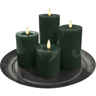 Candela Lights LED Kerzen 4er Set Stumpenkerze inkl. Kerzenteller grün Echtwachs mit Fernbedienung Timer Funktion & mehrstufig dimmbar bewegliche Flamme Echtwachskerzen