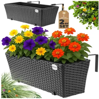 Casaria Blumenkasten, 2er Set 11 Liter Montagehalterung indoor outdoor Geländerkasten schwarz
