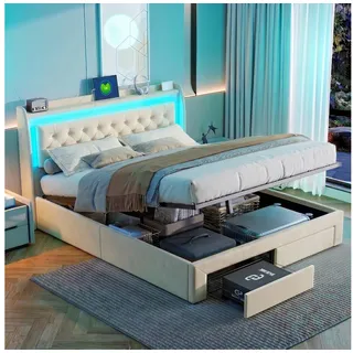 Simurq Polsterbett Doppelbett LED Stauraumbett 180x200 cm (Belastbarkeit 350KG, Mit Komforthöhe, Leises Design Bett), inkl. 2 Schubladen, Bettkasten, Lattenrost beige