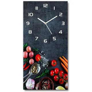 Tulup Glasuhr 30x60 cm - weißen Zeigern - Wanduhr Wandkunst Bild Gehärtetem Glas Uhr Echtglas Küche Wohnzimmer - Gemüse und Gewürze