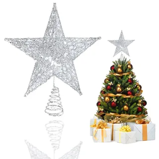 Baumspitze Stern Silber Glitzernd – Christbaumspitze Silber aus Metall in 3D-Design, Leichter Christbaumspitze Topper Stern für Weihnachtsbaum & Tanne, Tannenbaum spitzesilber, 20x20 cm