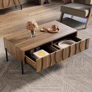 Merax Couchtisch Retro-Stil 105x55x41 cm, Wohnzimmertisch mit Doppelschubladen, Eisenbeinen, Holzoberfläche, Sofatisch Vintage für Wohnzimmer