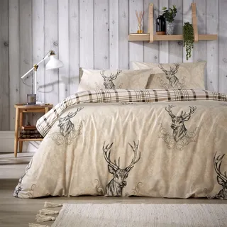 Olivia Rocco Hirsch-Bettbezug-Set, gemütliches Highland-Baumwollreich, Bettbezüge, wendbar, kariert, Premium-Bettwäsche-Sets, Einzelbett, Natur