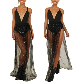 Glitzer Rock Damen mit Sternen & Mond, Lang Durchsichtig Mesh Rock Sommer, Bikini Cover Up mit Seiten-Schlitz, Tüllrock Party Strand, Übergröße bis XL, Handwäsche - S-XL