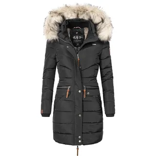 Navahoo Damen Wintermantel warmer Steppmantel lang mit abnehmbarer Kunstfell-Kapuze Paula Schwarz Gr. M - M