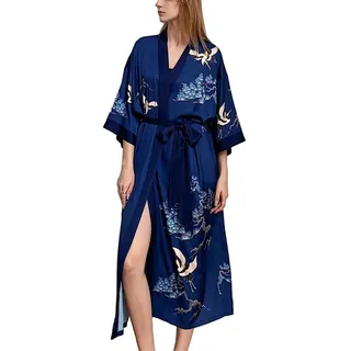 Vivi Idee Morgenmantel Bademantel Schlafmantel kimono lang leicht satin Sauna Einheitsgröße, Kimono-Kragen, Bindegürtel, Seidig