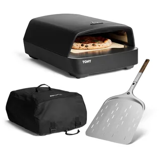 BURNHARD® Gas Pizzaofen - Tony inkl. Pizzaschieber & Abdeckhaube, 450 °C, Tragbarer 5,9 kW Outdoor Ofen für Pizza (58,5 x 47,7 x 24,8 cm) inkl. Cordierit-Pizzastein