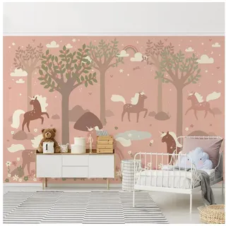 Bilderdepot24 Kindertapete Einhörner rosa Wald Tieres Kinderzimmer, Glatt, Matt, (Vliestapete inkl. Kleister oder selbstklebend), Mädchenzimmer Jungenzimmer Babyzimmer Bildtapete Fototapete Wandtapete rosa 288 m x 190 m