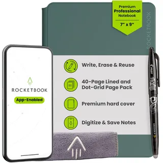 Rocketbook PRO 2.0 Wiederverwendbares Digitales Notizbuch A5 Grün Elektronischer Notizblock mit 20 Blatt Liniert und mit Punktraster, Hardcover Veganes Leder mit inkl. Pilot Frixion Stift