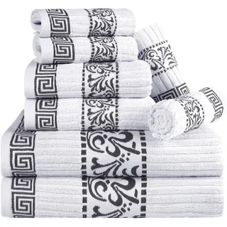 Superior 8-teiliges Handtuch-Set aus Baumwolle, dekoratives griechisches Muster, Heim-Essentials, saugfähige Handtücher, Dekor für Badezimmer, Spa, enthält 2 Hände, 2 Gesichts- und 4 Badetücher,