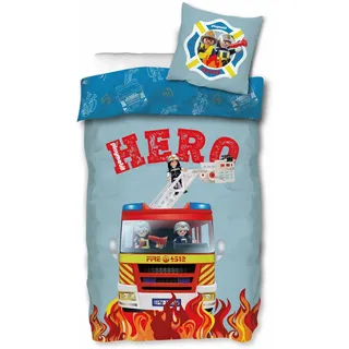 SkyBrands Playmobil City Action Hero Feuerwehr Wende-Bettwäsche-Set 135x200 80x80 Baumwolle Kinder-Bettzeug