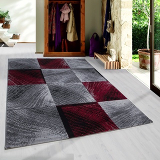 SIMPEX Kurzflor Teppich, Kariert Design, Teppich Rot, 80 x 150 cm, Teppich modernen Stil, Teppich Wohnzimmer