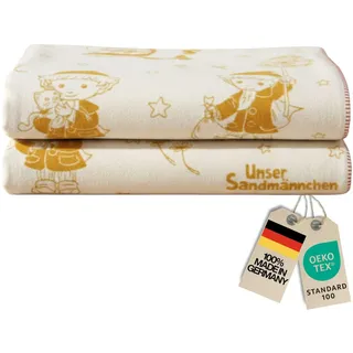 KOLTER Unser Sandmann unser Sandmännchen Schmusedecke exklusiv in 100% Baumwolle, Natur gelb, 100 x 150 cm, Oeko Tex Standard 100