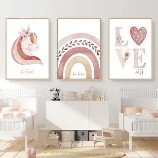 Uixxducc 3er Set Wandbilder Kinderzimmer Babyzimmer Poster,Regenbogen Sonne Wolke und Mond Bilder Kinderzimmer Mädchen Jungen Boho Deko (A,40x50cm)