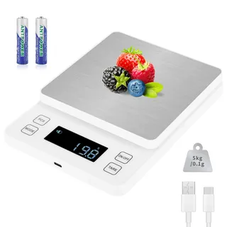 Howeifull Digitale Küchenwaage 0.1g genau, 5kg Hochpräzise Waage Küche Digital mit 10 Einheiten, Edelstahl-Wägeplattform, USB-C aufladbar Digitalwaage Küchenwage
