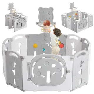 YOLEO Laufstall Baby 113×113 cm, Laufgitter Baby, Laufstall Faltbar, Laufgitter Faltbar, Kinderlaufstall mit Basketballkorb, Playpen mit Tür und Spielzeugboard, Playpen aus Kunststoff, Babyzaun, Grau