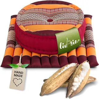 livasia Meditationsset L - Ø 38x15cm / Matte 50x50x4,5cm - Yogaset mit Kissen und Matte, Pouf, Yogamatte und Yogakissen mit Kapok handgefertigt, Bodenkissen Outdoor, Zafukissen (Orange)