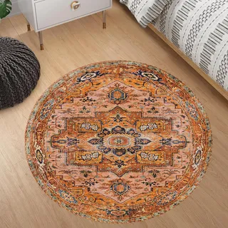Generisch Teppich Rund,Marineblau, orientalisch, Vintage, Used-Look, traditionell, Orange, ø 130 cm, Teppich Matte für Wohnzimmer Schlafzimmer Jugendzimmer Kinderteppich Spielmatte,