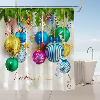 Duschvorhang „frohe Weihnachten“, Duschvorhang, Bunte Weihnachtskugeln, Tannenzweige, Weiße Schneeflocken, Süßigkeiten-luftschlangen, Szene Mit Haken, 150 X 180 Cm
