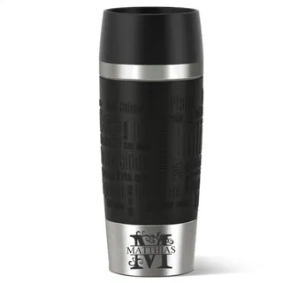 Emsa Isolierbecher 360ml mit Gravur Monogramm/Buchstabe (+ Name) Travel Mug Manschette schwarz, personalisierter Kaffeebecher Teebecher, Motiv MO1