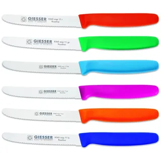 Giesser Messer 6er Set bunt Tomatenmesser Brötchenmesser Allzweckmesser 11cm Wellenschliff 3mm - rot grün hellblau pink orange blau