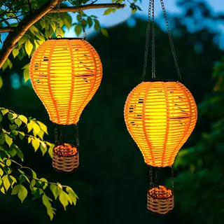 Solarlampen für Außen Hängend Solar Rattan Lantern,Hanging Flame Lantern für Draußen Garden Decor Gewebte Heißluftballon Flickering Garten Solarleuchten for Trees Patio Lawn Yard Porch Decor (2)