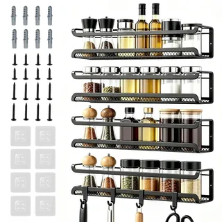 JUNANDHBAO 4 Stück Gewürzregal Wand, Gewürz Organizer, Metall Gewürzregal, 29 x 7 x 7 cm, con Kleben und Schrauben, Beweglichen 4 Haken, für Küchen Wand, Küchenschrank, Speisekammertür