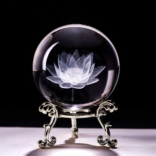 Natürlich 60mm 3D Carving Kristallkugel Briefbeschwerer mit Ständer Meditation Glaskugel Fengshui Home Decor Ornamente Lotusblume Dekorationen (Color : Lotus 2)