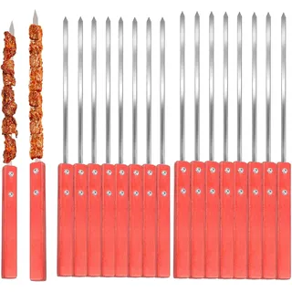 16 Stück Flache Adana Spieße Edelstahl, Schaschlikspieße Edelstahl Grillspieße mit Holzgriffen & Schutzkappen, Wiederverwendbares Grillspieße Grillzubehör für Fleisch, Gemüse Fleischspieße Grillzubehö