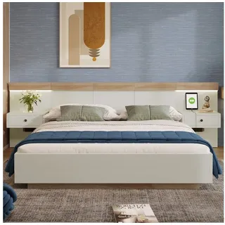 BlingBin Bett Doppelbett Holzbett Schwebebett (1-tlg., Set in Eiche Sonoma/Weiß(Ohne Matratze), mit 2 LED Nachtkommoden, USB C Steckdose weiß 244 cm x 205 cm x 90.5 cm