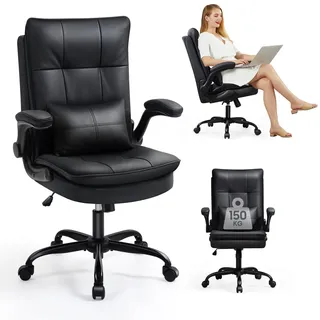 Asukale Bürostuhl Ergonomisch [TESTSIEGER] Schreibtischstuhl | Kratzfeste Leder | Hochklappbare Armlehne & Hohe Rückenlehne | Höhenverstellbar & Wippfunktion | Chefsessel 150 kg, Schwarz