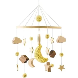 Babybett Mobile Baby Windspiel, Sterne Monde und Regenbögen Handgefertigt Baby Mobile Babybett Holz für Baby Mädchen oder Jungen,Bettglocke Anhänger zum Aufhängen Babybett Kinderbett (Mond)