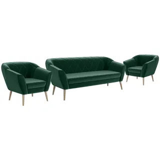MEBLINI Mini Sofa Set 3-1-1 für Wohnzimmer - Mini Lounge für fünf Personen - Küchensofa - Sofa Klein - Sitzgarnitur - Polstergarnitur - Sofagarnituren - Gisela - 3+1+1 - Grün Samt