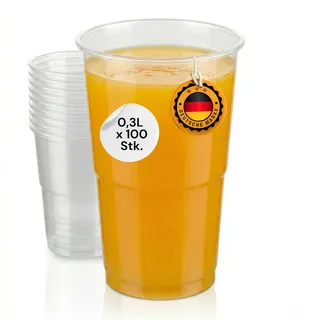 LogiPack GeRo 100 Stück Plastikbecher – Trinkbecher mit Eichstrich 0,3l | Einwegbecher aus Hartplastik (PP), transparent | Bierbecher & Partybecher – Kunststoffbecher