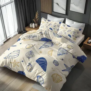 Generisch Bettwäsche 135x200 Muschel Seestern, Weiche Bügelfreie Mikrofaser Bettbezug Set 2tlg, Maritime Ozean Muster Schlafzimmer Deko, 1 Kissenbezug 80x80, mit Reißverschluss ZF47