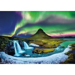 Ulmer Puzzleschmiede - Puzzle „Berg & Licht“ – Klassisches 1000 Teile Puzzle – Puzzlemotiv der Polarlichter über dem berühmten Kirkjufell-Berg - Landschaft unter Nordlichtern in Island
