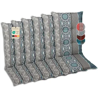GO-DE Textil Bequeme und attraktive Polsterauflagen für Hochlehner-Gartenstühle (6er-Set, Ornamentstreifen blau, Hochlehner)
