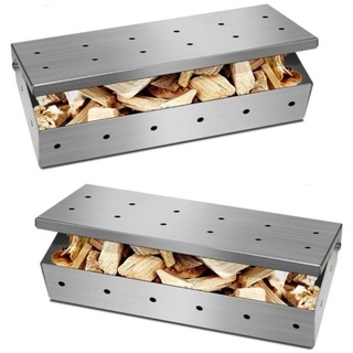 2 x Räucherbox aus Edelstahl für BBQ | Smokerbox 22x9,5x4,4cm mit praktischem Klappdeckel für Gas- und Holzkohlegrills | Räucherchips | verleih...