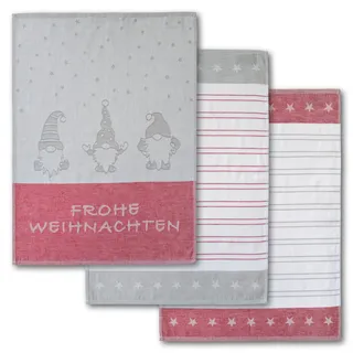 Dyckhoff "Wichtel, mit Schriftzug Frohe Weihnachten, Streifen und Sternen", rot grau, weiß), B:50cm L:70cm, 100% Baumwolle, Geschirrtücher, Geschirrtuch, mit 3 verschiedenen Motiven, Maße je Tuch ca. 50x70 cm, 100% Baumwolle