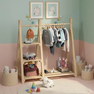 Bellabino Ryck Kleiderstange für Kinder – Kleiderständer aus Massivholz in Natur mit 4 Ablageflächen – Montessori Kindergarderobe für Jungen & Mädchen – Garderobe mit Schuhablage für Kinderzimmer