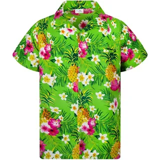 King Kameha Funky Hawaiihemd Kinder Jungen Mädchen Kurzarm Fronttasche Hawaii-Print Unisex Ananas Blätter Muster - 4 Jahre