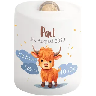 Kinder-Spardose mit Namen & Geburtsdaten personalisiert - Wolken-Motiv - Geldgeschenk für Neugeborenen & Baby - Sparschwein für Mädchen & Jungen - Geschenk zur Geburt, Taufe, Geburtstag (Kälbchen)