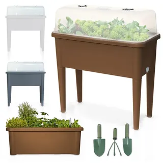 Onbest Hochbeet Kunststoff mit Deckel 76x66,5x37cm, wetterfest, inklusive Gartenwerkzeug Set braun