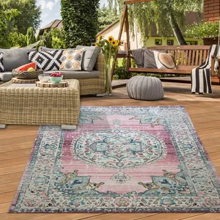 Teppich-Traum orientalischer Vintage WOHNZIMMERTEPPICH für In- & Outdoor TERRASSE buntes Blumenmotiv rosa Größe 160x230 cm