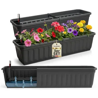 Hausfelder Blumenkasten Balkonkasten mit Wasserstandsanzeiger, Pflanzkasten 3er Set, 80cm (3er Set, 3 St., Jedes Set enthält: Füllstandsanzeiger, Boden, Pflanzkasten), Blumenkästen UV- und witterungsbeständig für innen und außen, matt schwarz 80 cm