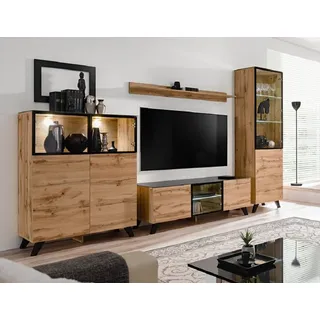 ASM-Moebel Wohnwand Wohnwand THIN mit Led Beleuchtung Push - Click System Glasplatte, Mit Glasplatte, Led Beleuchtung, Push - Click und Alu-Rahmen beige