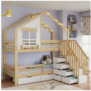 REDOM Etagenbett Kinderbett mit Rollschubladen & Treppe mit Handläufen (Hausbett mit Fensterdesign aus Kiefernholz, Holzbett Jugendbett 90x200 cm), ohne Matratze